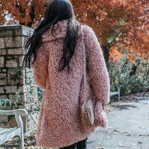 Mauve pink SHAGGY Women Winter Warm Teddy Bear Jacket Fluffy Coat Long Cardigan